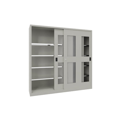 Sliding door cabinet, height 1950 mm, glazed doors, WxD 2000 x 400 mm, with divider and 2 x 4 shelves, door light grey.
