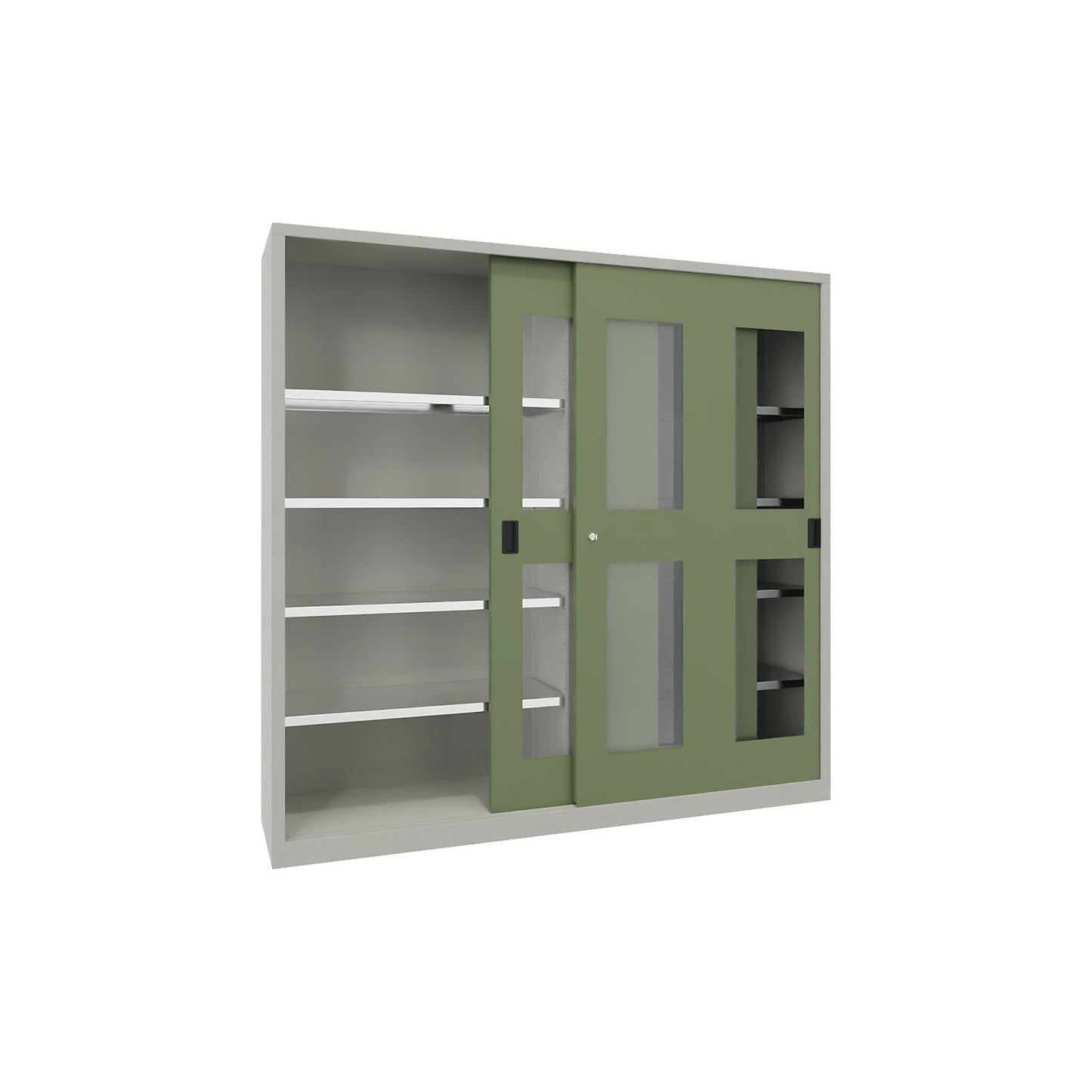 Sliding door cabinet, height 1950 mm, glazed doors, WxD 2000 x 400 mm, with divider and 2 x 4 shelves, door reseda green.