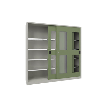 Sliding door cabinet, height 1950 mm, glazed doors, WxD 2000 x 400 mm, with divider and 2 x 4 shelves, door reseda green.
