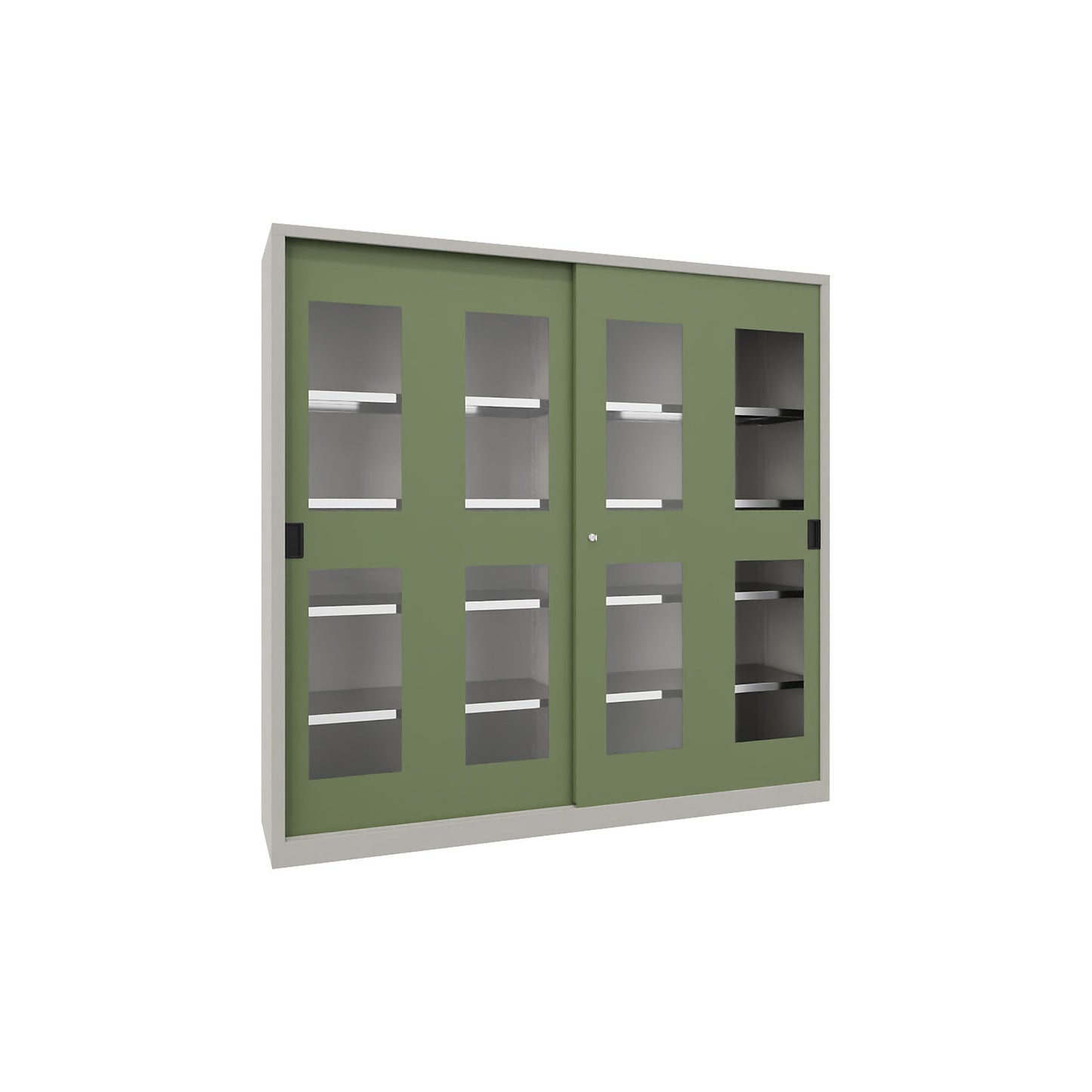 Sliding door cabinet, height 1950 mm, glazed doors, WxD 2000 x 400 mm, with divider and 2 x 4 shelves, door reseda green.
