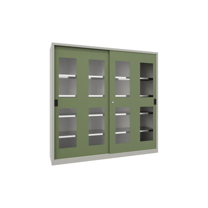 Sliding door cabinet, height 1950 mm, glazed doors, WxD 2000 x 400 mm, with divider and 2 x 4 shelves, door reseda green.