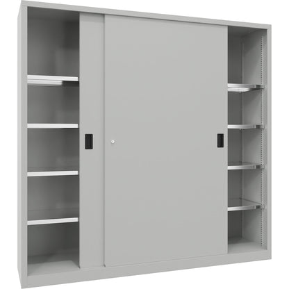 Sliding door cabinet, height 1950 mm, solid sheet metal doors, WxD 2000 x 500 mm, with divider and 2 x 4 shelves, door light grey.