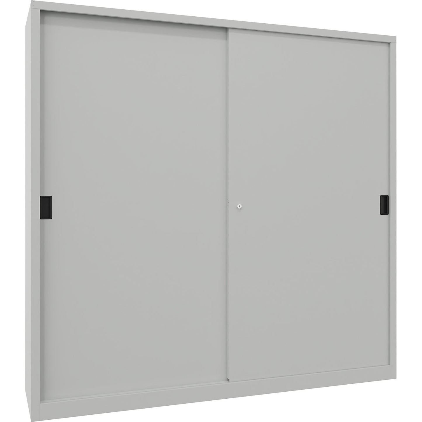Sliding door cabinet, height 1950 mm, solid sheet metal doors, WxD 2000 x 500 mm, with divider and 2 x 4 shelves, door light grey.