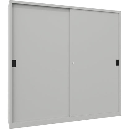 Sliding door cabinet, height 1950 mm, solid sheet metal doors, WxD 2000 x 500 mm, with divider and 2 x 4 shelves, door light grey.