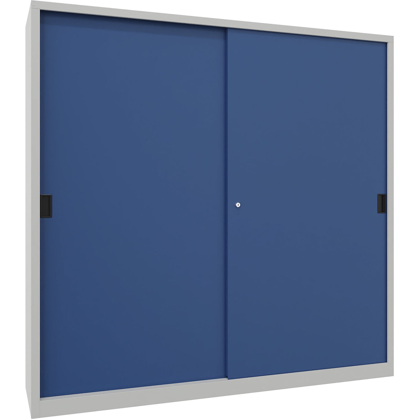 Sliding door cabinet, height 1950 mm, solid sheet metal doors, WxD 2000 x 500 mm, with divider and 2 x 4 shelves, door gentian blue.