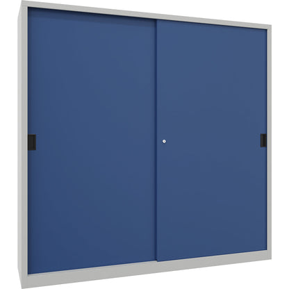 Sliding door cabinet, height 1950 mm, solid sheet metal doors, WxD 2000 x 500 mm, with divider and 2 x 4 shelves, door gentian blue.