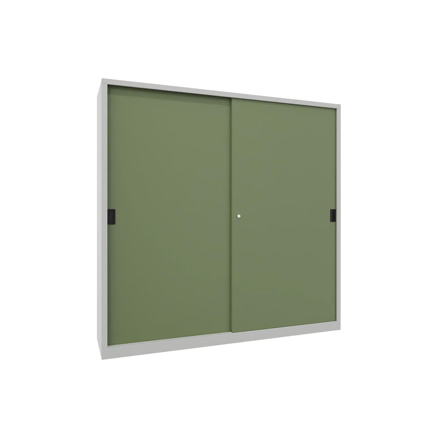 Sliding door cabinet, height 1950 mm, solid sheet metal doors, WxD 2000 x 500 mm, with divider and 2 x 4 shelves, door reseda green.