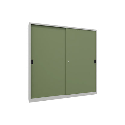 Sliding door cabinet, height 1950 mm, solid sheet metal doors, WxD 2000 x 500 mm, with divider and 2 x 4 shelves, door reseda green.