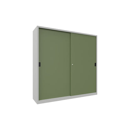 Sliding door cabinet, height 1950 mm, solid sheet metal doors, WxD 2000 x 500 mm, with divider and 2 x 4 shelves, door reseda green.