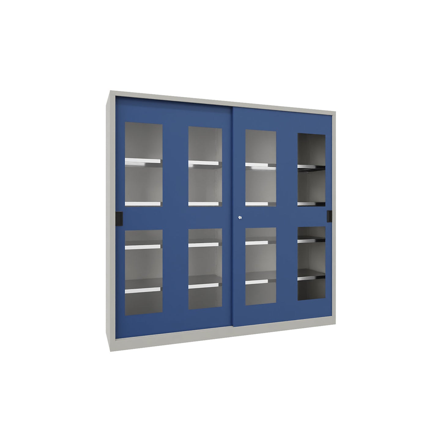 Sliding door cabinet, height 1950 mm, glazed doors, WxD 2000 x 500 mm, with divider and 2 x 4 shelves, door gentian blue.
