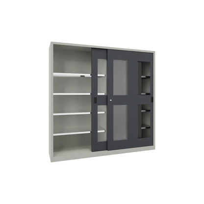 Sliding door cabinet, height 1950 mm, glazed doors, WxD 2000 x 500 mm, with divider and 2 x 4 shelves, anthracite door.