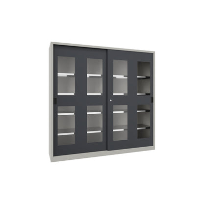 Sliding door cabinet, height 1950 mm, glazed doors, WxD 2000 x 500 mm, with divider and 2 x 4 shelves, anthracite door.