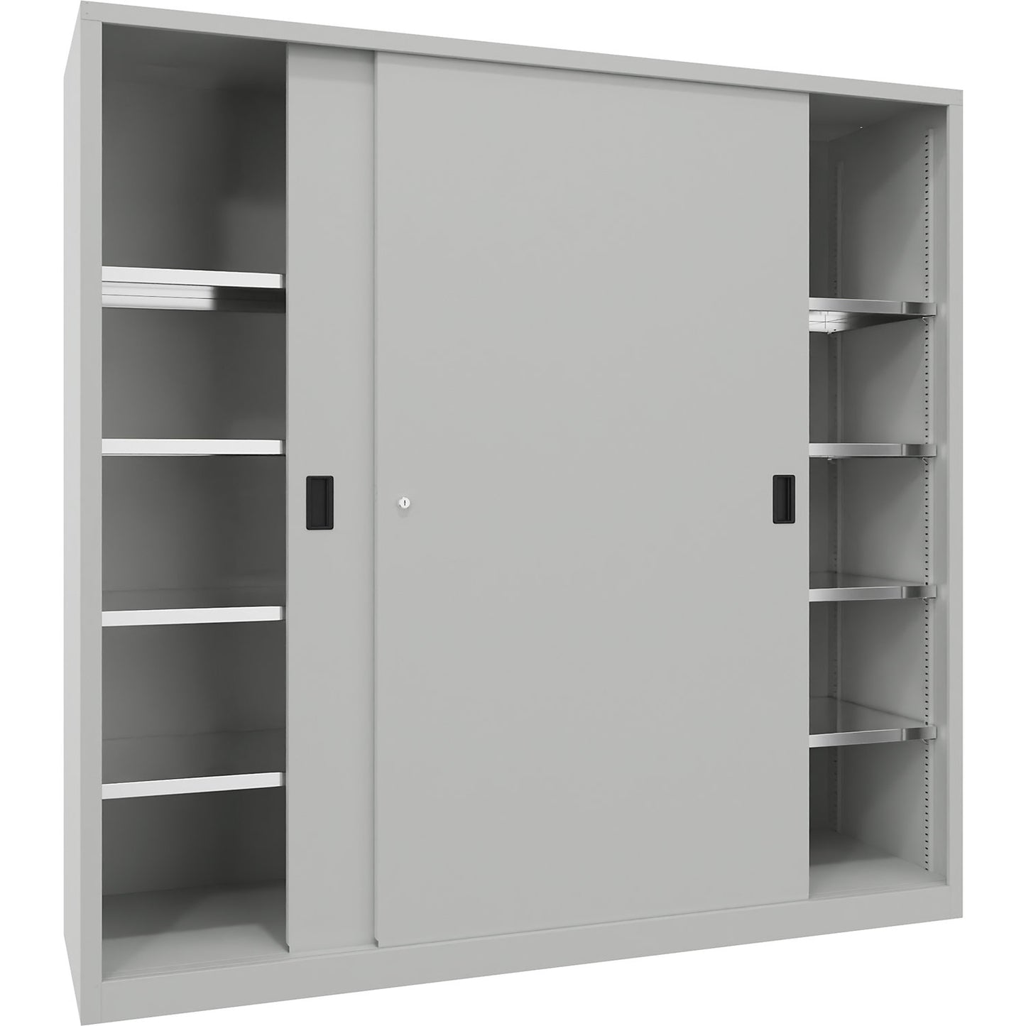 Sliding door cabinet, height 1950 mm, solid sheet metal doors, WxD 2000 x 600 mm, with divider and 2 x 4 shelves, door light grey.