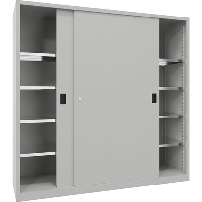 Sliding door cabinet, height 1950 mm, solid sheet metal doors, WxD 2000 x 600 mm, with divider and 2 x 4 shelves, door light grey.