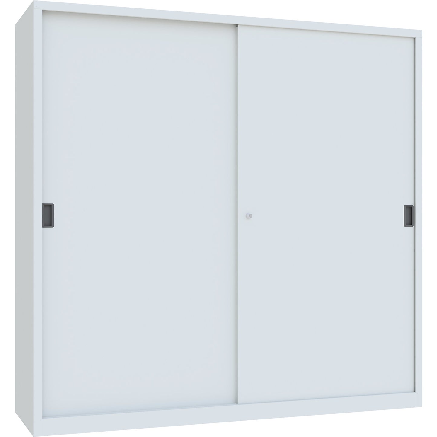 Sliding door cabinet, height 1950 mm, solid sheet metal doors, WxD 2000 x 600 mm, with divider and 2 x 4 shelves, door light grey.
