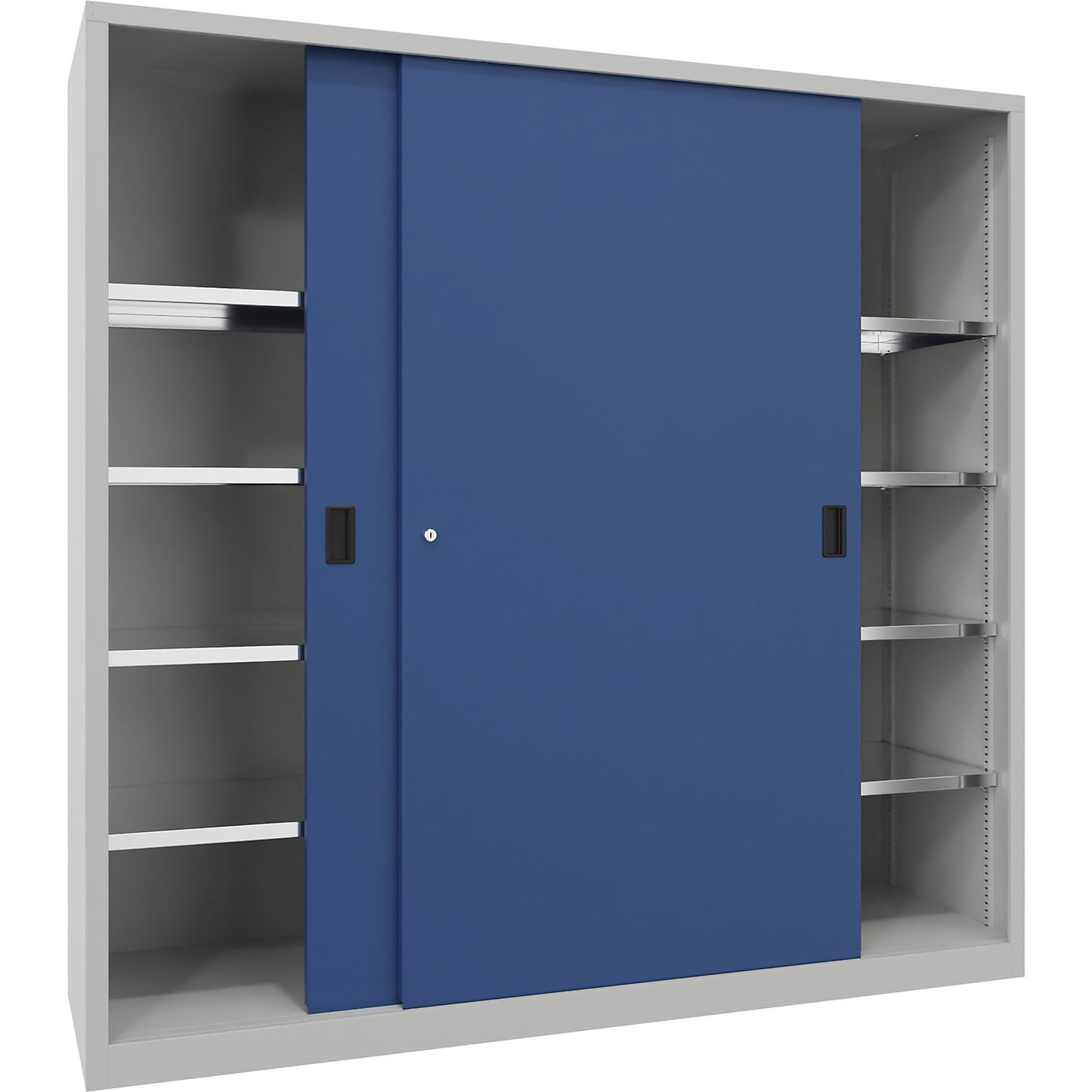 Sliding door cabinet, height 1950 mm, solid sheet metal doors, WxD 2000 x 600 mm, with divider and 2 x 4 shelves, door gentian blue.