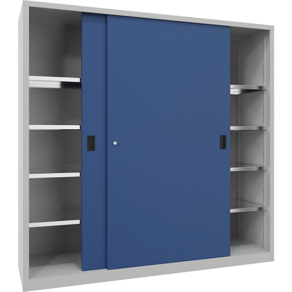 Sliding door cabinet, height 1950 mm, solid sheet metal doors, WxD 2000 x 600 mm, with divider and 2 x 4 shelves, door gentian blue.