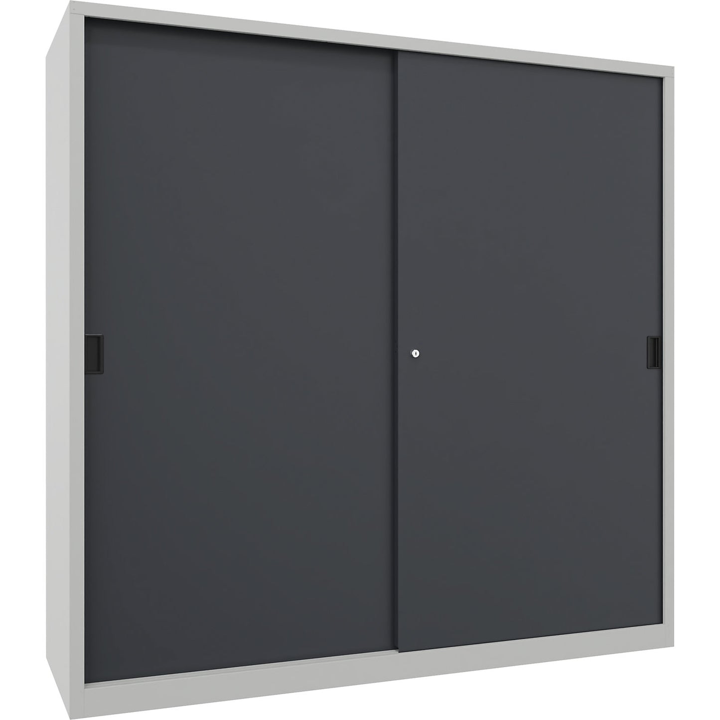 Sliding door cabinet, height 1950 mm, solid sheet metal doors, WxD 2000 x 600 mm, with divider and 2 x 4 shelves, anthracite door.