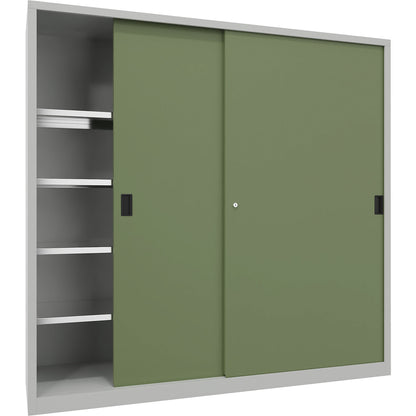 Sliding door cabinet, height 1950 mm, solid sheet metal doors, WxD 2000 x 600 mm, with divider and 2 x 4 shelves, door reseda green.