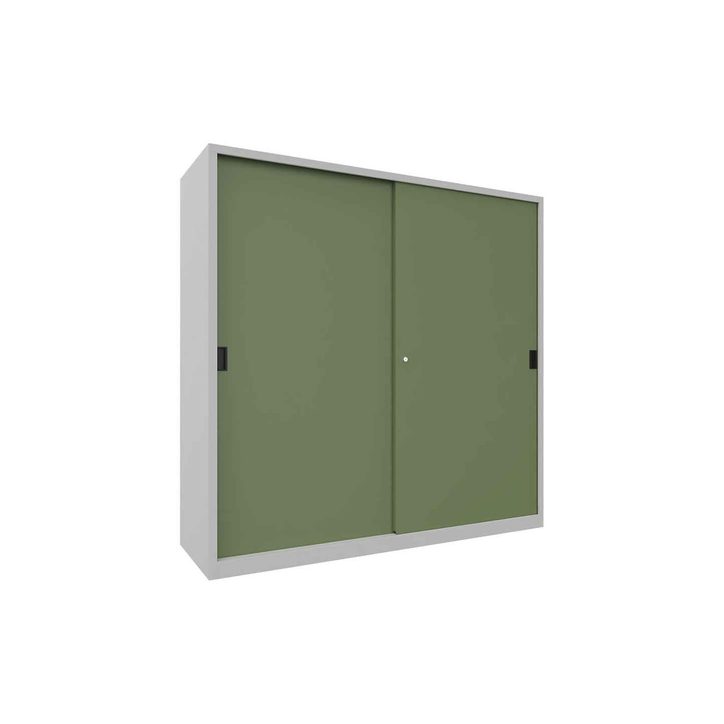 Sliding door cabinet, height 1950 mm, solid sheet metal doors, WxD 2000 x 600 mm, with divider and 2 x 4 shelves, door reseda green.
