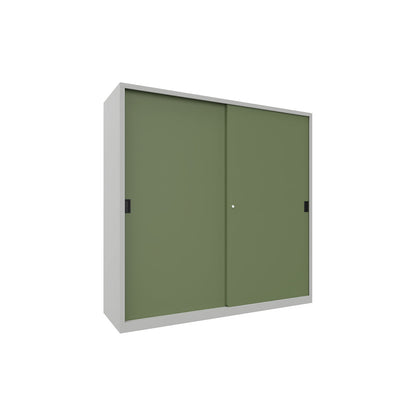 Sliding door cabinet, height 1950 mm, solid sheet metal doors, WxD 2000 x 600 mm, with divider and 2 x 4 shelves, door reseda green.