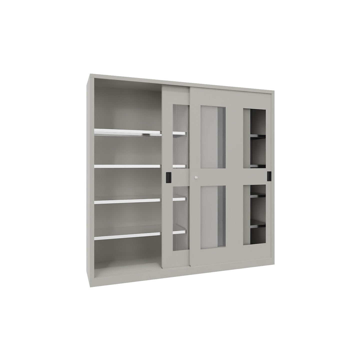 Sliding door cabinet, height 1950 mm, glazed doors, WxD 2000 x 600 mm, with divider and 2 x 4 shelves, door light grey.
