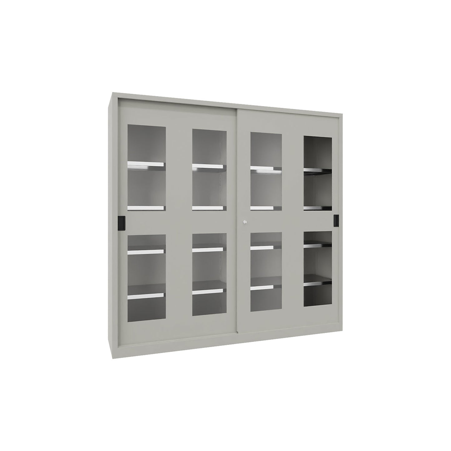 Sliding door cabinet, height 1950 mm, glazed doors, WxD 2000 x 600 mm, with divider and 2 x 4 shelves, door light grey.