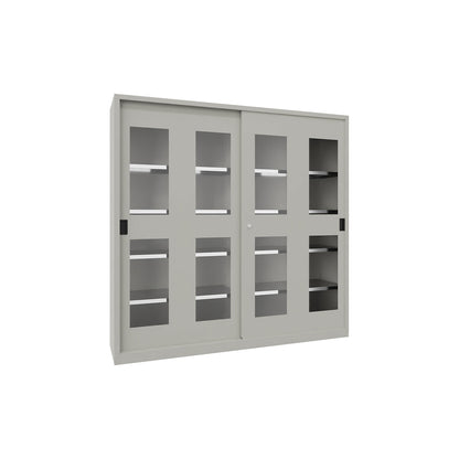 Sliding door cabinet, height 1950 mm, glazed doors, WxD 2000 x 600 mm, with divider and 2 x 4 shelves, door light grey.