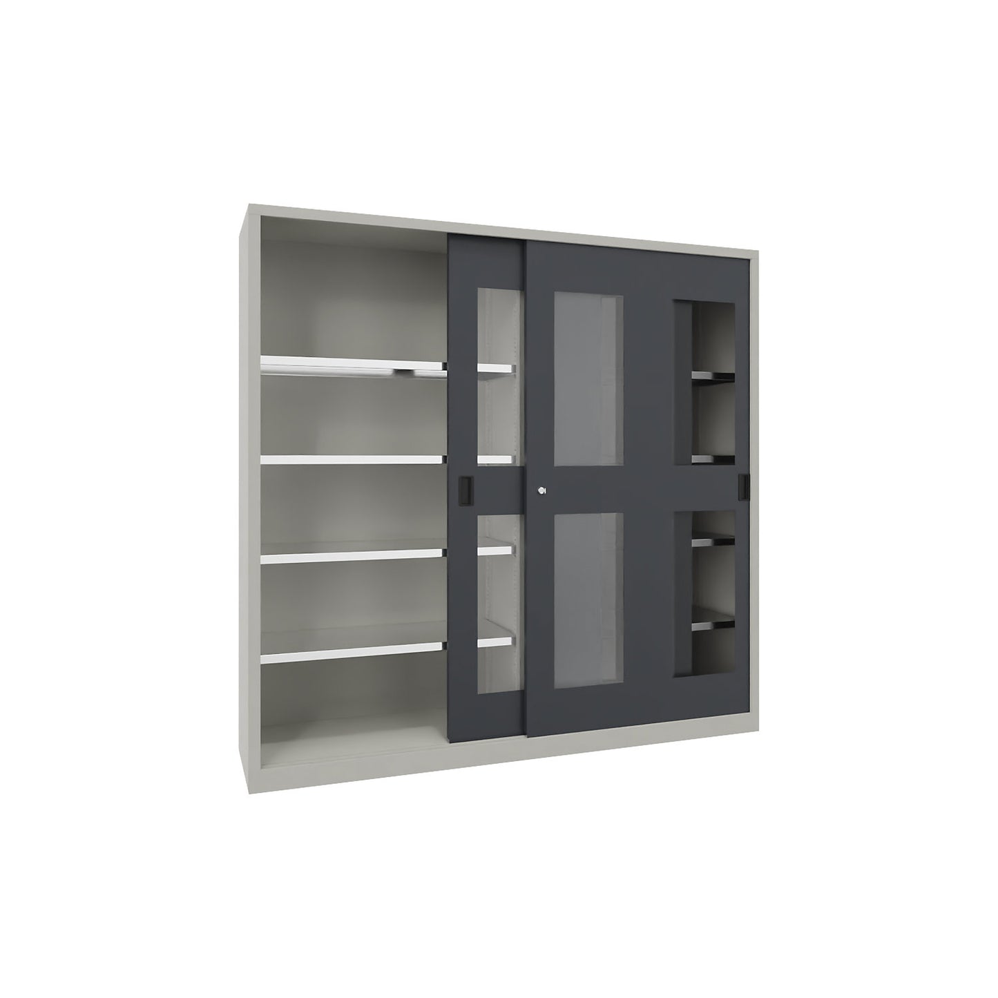Sliding door cabinet, height 1950 mm, glazed doors, WxD 2000 x 600 mm, with divider and 2 x 4 shelves, anthracite door.