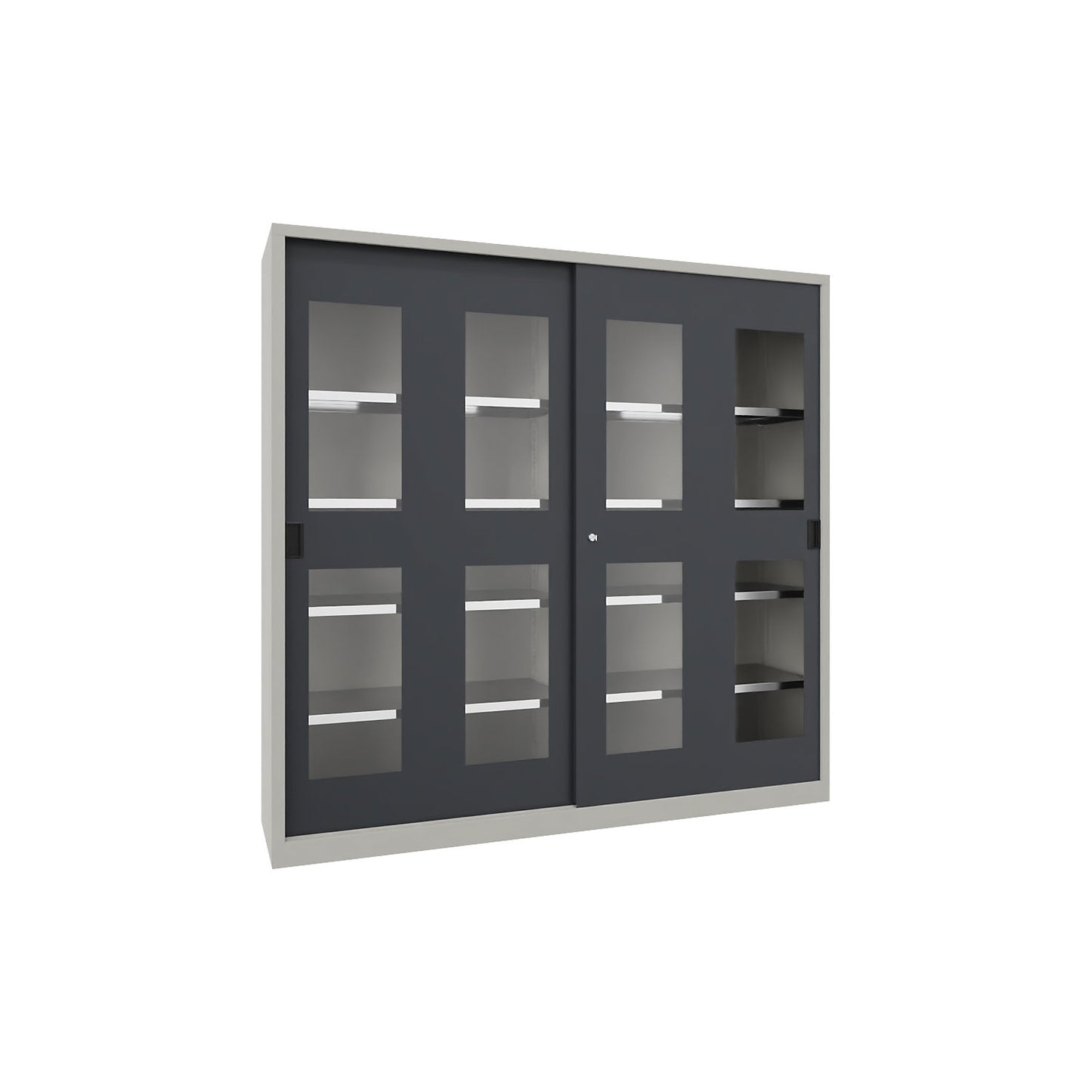 Sliding door cabinet, height 1950 mm, glazed doors, WxD 2000 x 600 mm, with divider and 2 x 4 shelves, anthracite door.