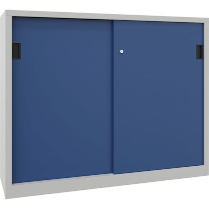 Heavy-duty sliding door cupboard, height 1200 mm, solid sheet metal doors, WxD 1500 x 500 mm, with divider and 2 x 2 shelves, door gentian blue.
