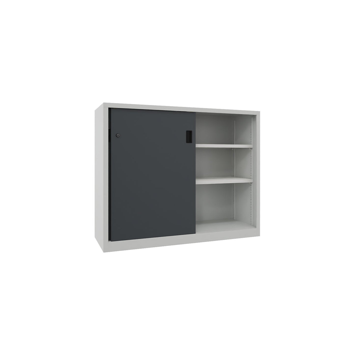 Heavy-duty sliding door cupboard, height 1200 mm, solid sheet metal doors, WxD 1500 x 500 mm, with divider and 2 x 2 shelves, door anthracite.
