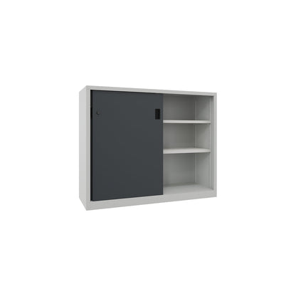 Heavy-duty sliding door cupboard, height 1200 mm, solid sheet metal doors, WxD 1500 x 500 mm, with divider and 2 x 2 shelves, door anthracite.