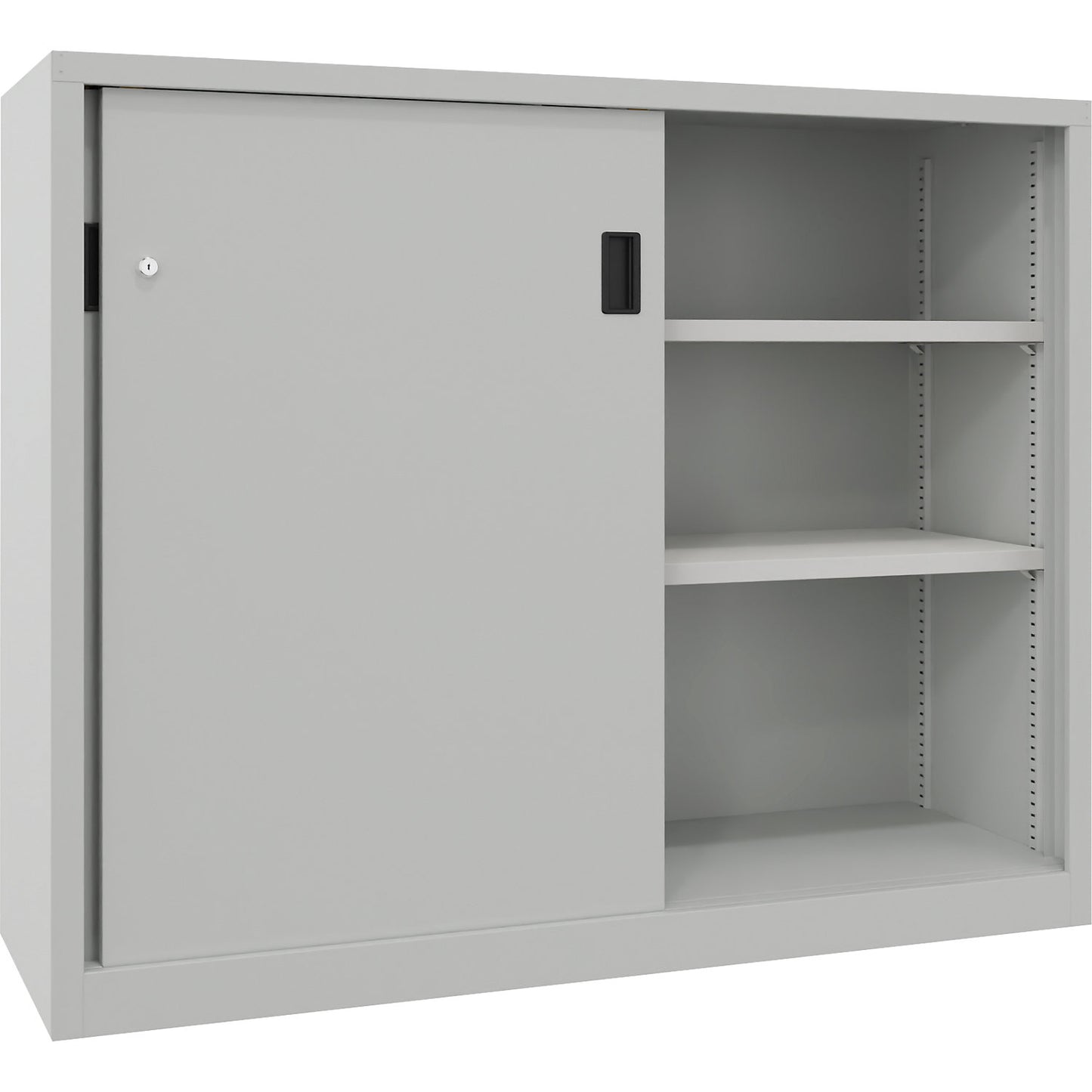 Heavy-duty sliding door cupboard, height 1200 mm, solid sheet metal doors, WxD 1500 x 600 mm, with divider and 2 x 2 shelves, door light grey.