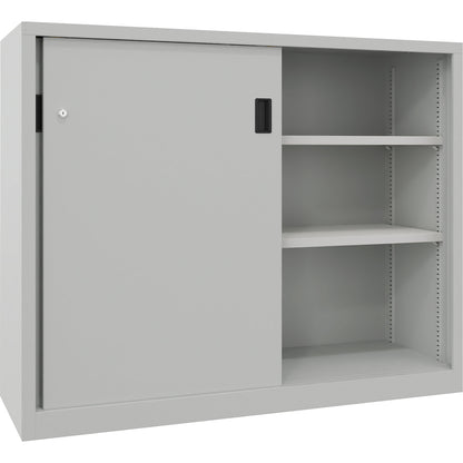 Heavy-duty sliding door cupboard, height 1200 mm, solid sheet metal doors, WxD 1500 x 600 mm, with divider and 2 x 2 shelves, door light grey.