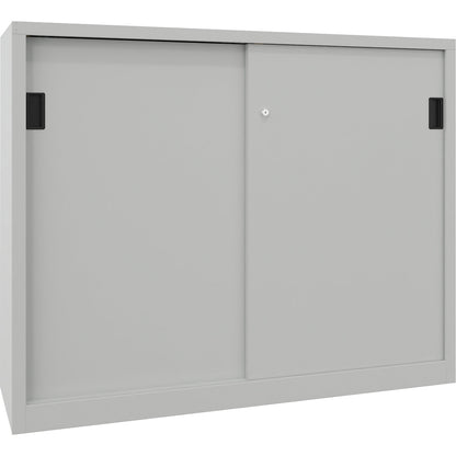 Heavy-duty sliding door cupboard, height 1200 mm, solid sheet metal doors, WxD 1500 x 600 mm, with divider and 2 x 2 shelves, door light grey.