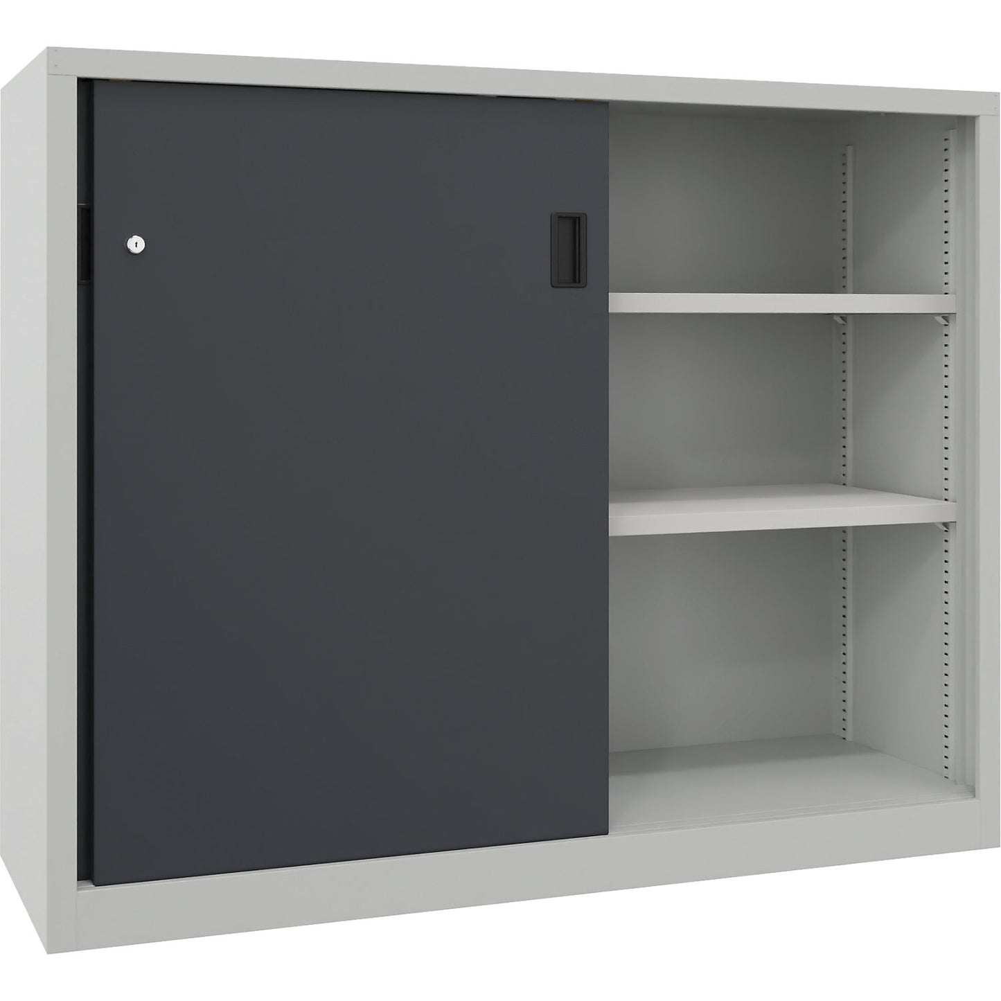 Heavy-duty sliding door cupboard, height 1200 mm, solid sheet metal doors, WxD 1500 x 600 mm, with divider and 2 x 2 shelves, door anthracite.
