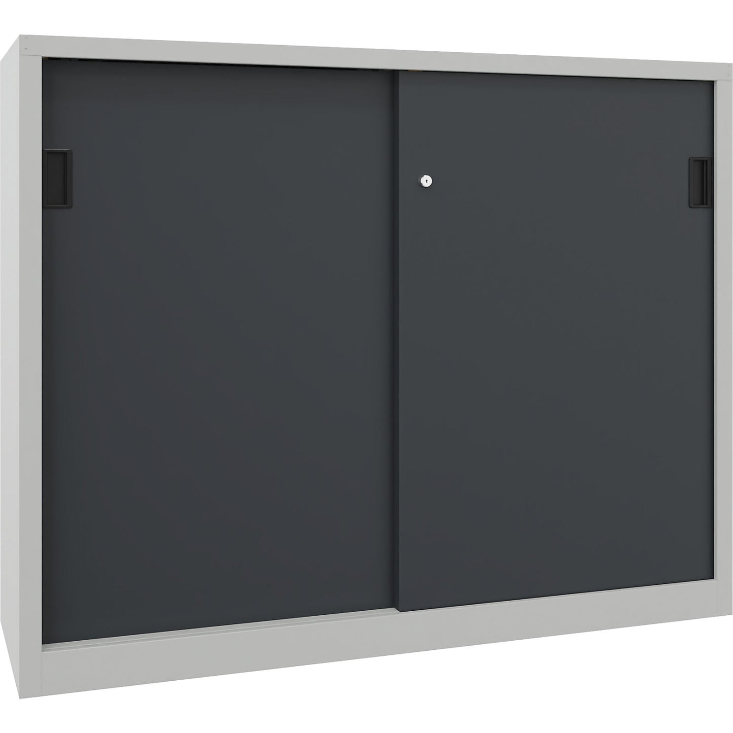Heavy-duty sliding door cupboard, height 1200 mm, solid sheet metal doors, WxD 1500 x 600 mm, with divider and 2 x 2 shelves, door anthracite.