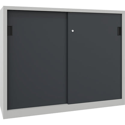 Heavy-duty sliding door cupboard, height 1200 mm, solid sheet metal doors, WxD 1500 x 600 mm, with divider and 2 x 2 shelves, door anthracite.