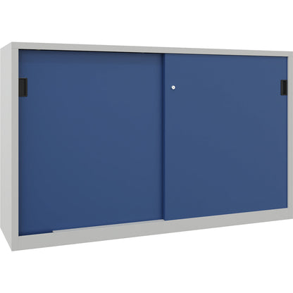 Heavy-duty sliding door cupboard, height 1200 mm, solid sheet metal doors, WxD 2000 x 500 mm, with divider and 2 x 2 shelves, door gentian blue.