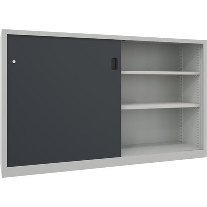 Heavy-duty sliding door cupboard, height 1200 mm, solid sheet metal doors, WxD 2000 x 500 mm, with divider and 2 x 2 shelves, anthracite door.