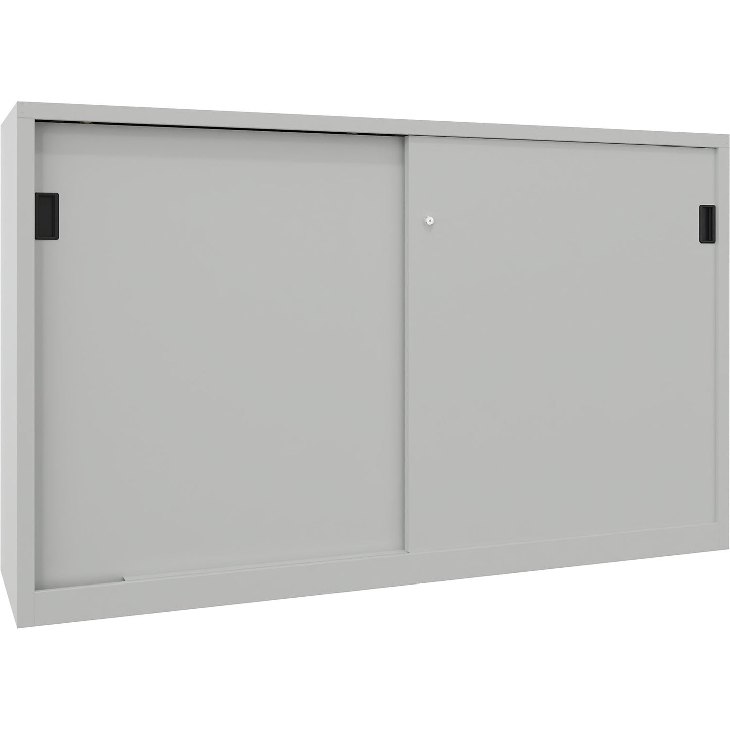 Heavy-duty sliding door cupboard, height 1200 mm, solid sheet metal doors, WxD 2000 x 600 mm, with divider and 2 x 2 shelves, door light grey.