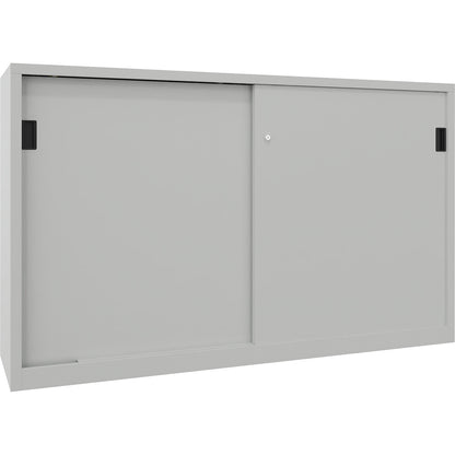 Heavy-duty sliding door cupboard, height 1200 mm, solid sheet metal doors, WxD 2000 x 600 mm, with divider and 2 x 2 shelves, door light grey.