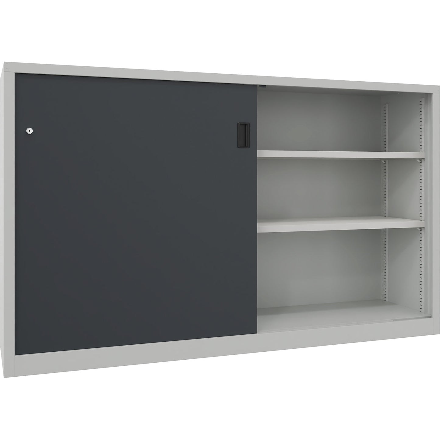 Heavy-duty sliding door cupboard, height 1200 mm, solid sheet metal doors, WxD 2000 x 600 mm, with divider and 2 x 2 shelves, door anthracite.