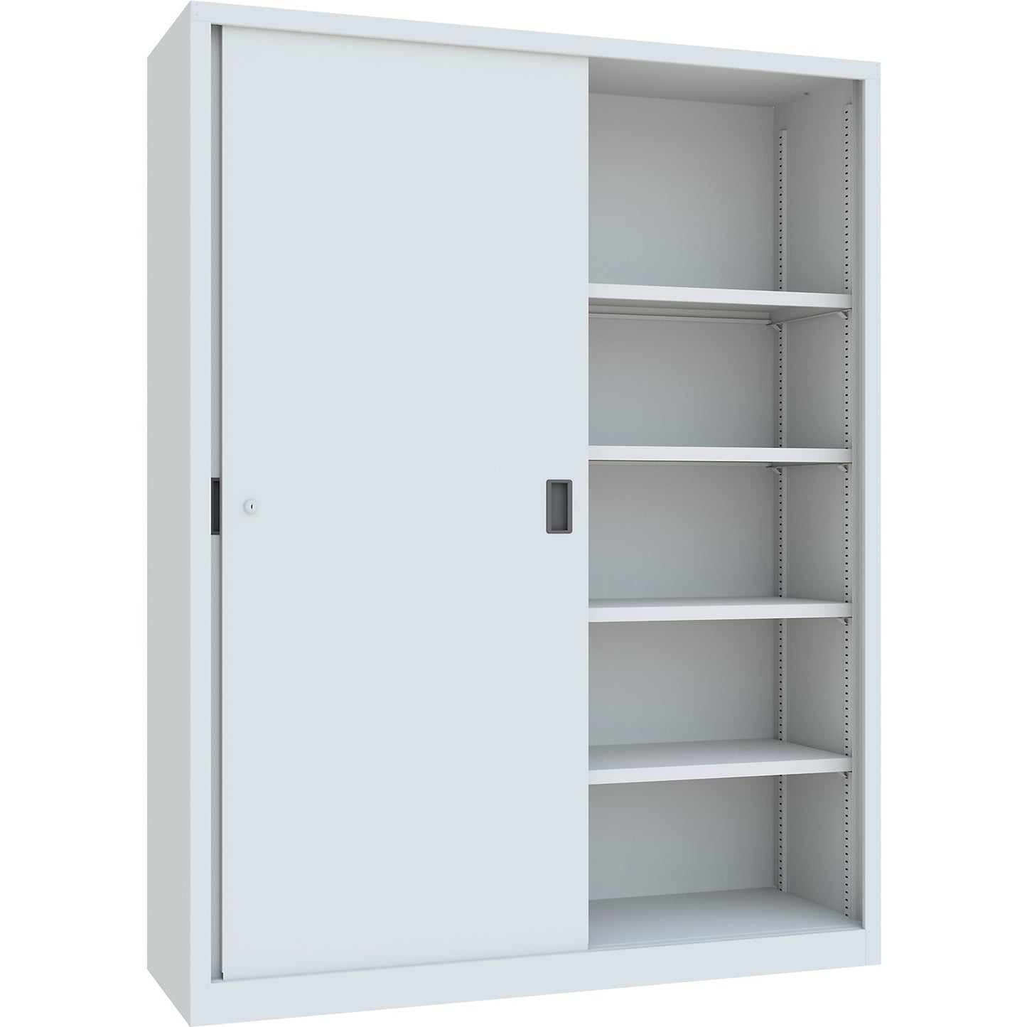 Heavy-duty sliding door cupboard, height 1950 mm, solid sheet metal doors, WxD 1500 x 500 mm, with divider and 2 x 4 shelves, door light grey.