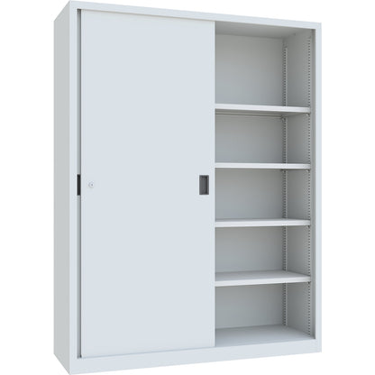 Heavy-duty sliding door cupboard, height 1950 mm, solid sheet metal doors, WxD 1500 x 500 mm, with divider and 2 x 4 shelves, door light grey.