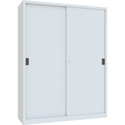 Heavy-duty sliding door cupboard, height 1950 mm, solid sheet metal doors, WxD 1500 x 500 mm, with divider and 2 x 4 shelves, door light grey.