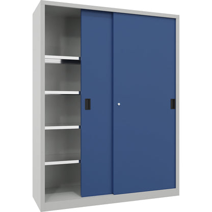 Heavy-duty sliding door cupboard, height 1950 mm, solid sheet metal doors, WxD 1500 x 500 mm, with divider and 2 x 4 shelves, door gentian blue.
