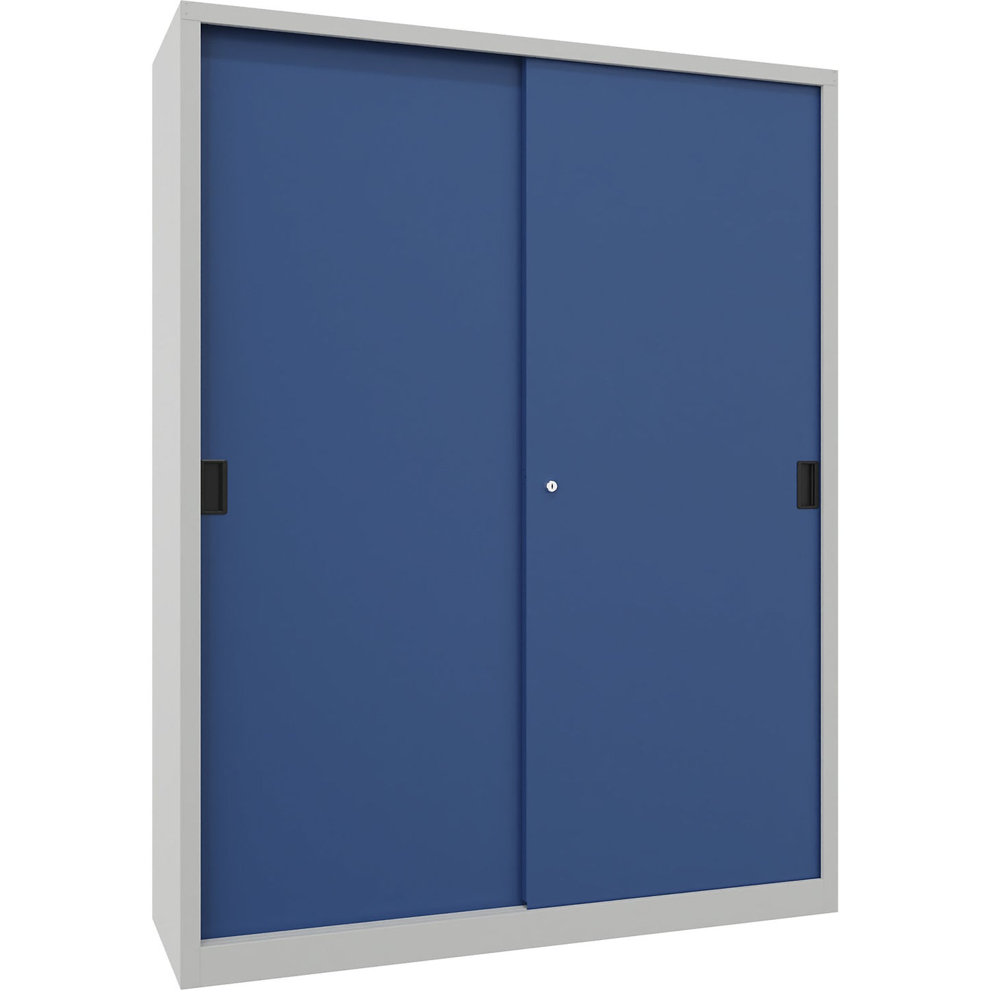 Heavy-duty sliding door cupboard, height 1950 mm, solid sheet metal doors, WxD 1500 x 500 mm, with divider and 2 x 4 shelves, door gentian blue.