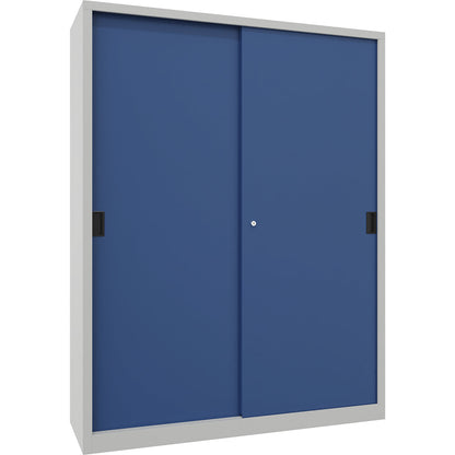 Heavy-duty sliding door cupboard, height 1950 mm, solid sheet metal doors, WxD 1500 x 500 mm, with divider and 2 x 4 shelves, door gentian blue.